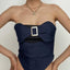 Denim Strapless Open-Back Top with Panel Details