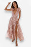 Floral Plunging-V Midi Dress with Ruffle Details