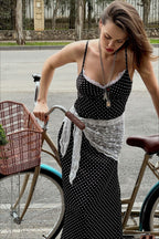 Polka-Dot Strappy Maxi Dress with Lace Trim