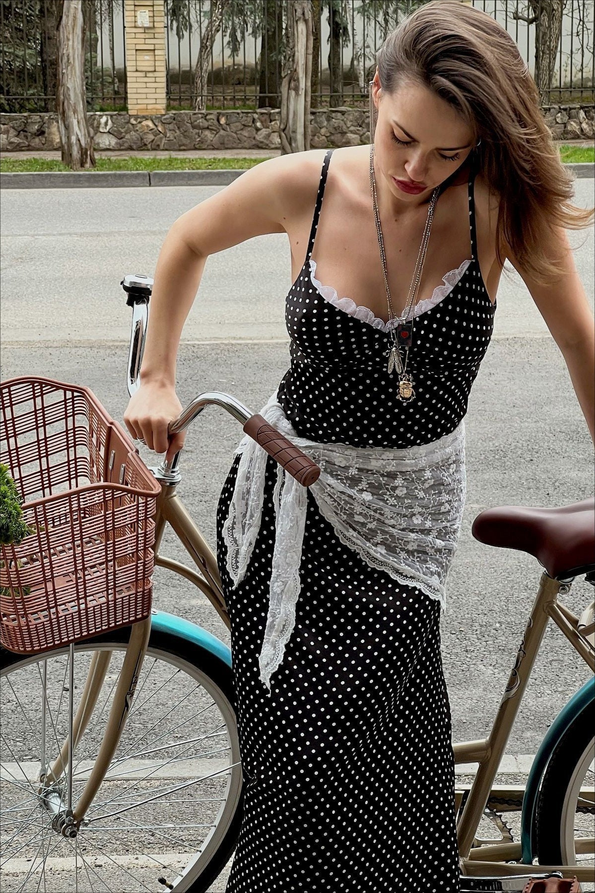 Polka-Dot Strappy Maxi Dress with Lace Trim