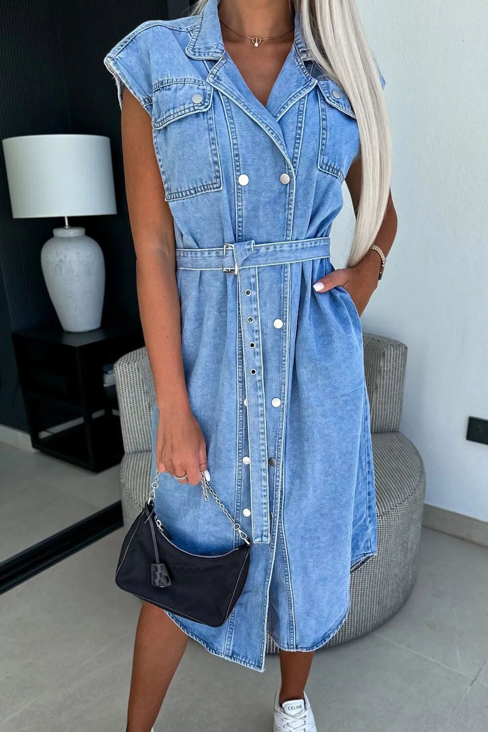Denim Tie-Waist Dress with a Button Front
