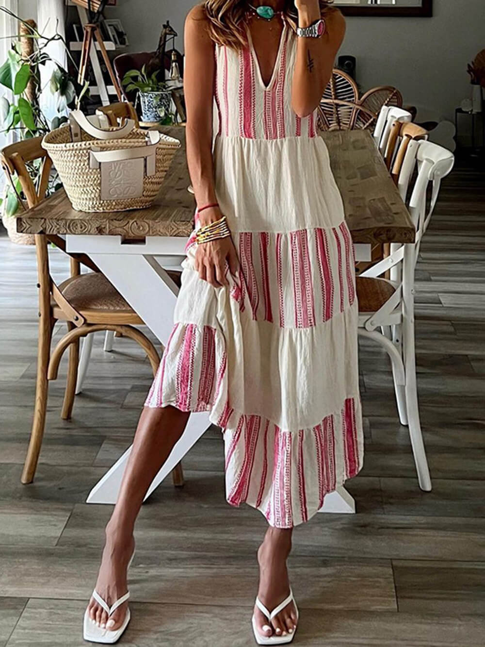 Striped Sleeveless Midi Dress with a V-Neck