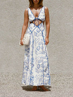 Printed Open-Back Maxi Dress with Cutout Details