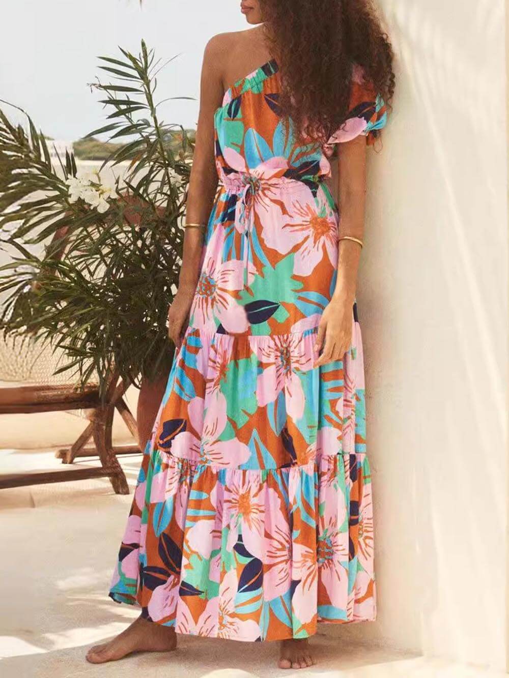 Botanical-Print Dress with an Off-Shoulder Neck