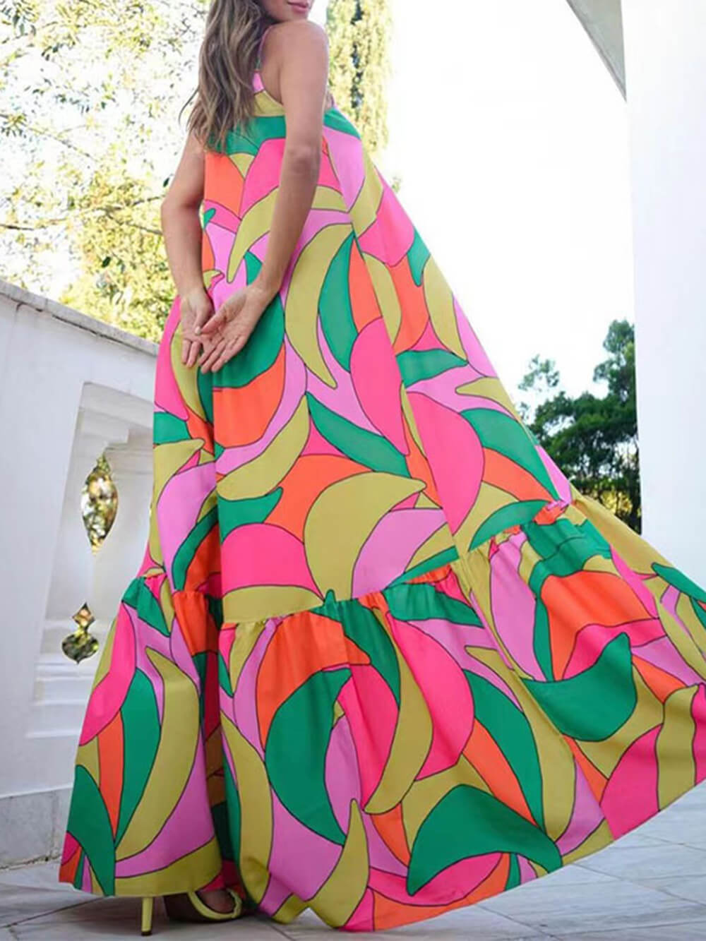 Printed Plunging-V Dress with an Open Back