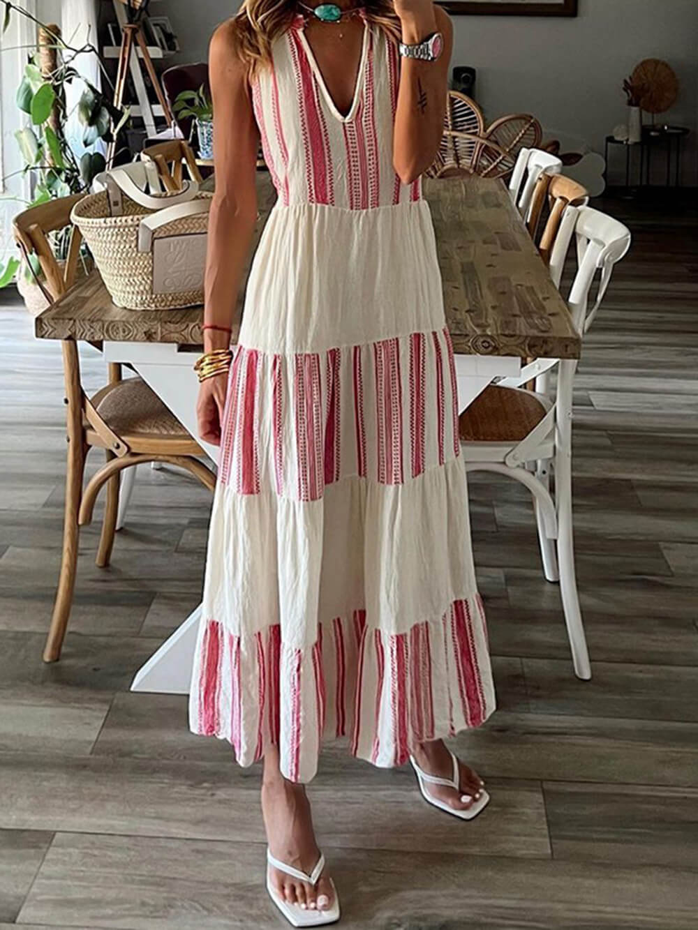 Striped Sleeveless Midi Dress with a V-Neck