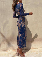 Tie-Dye Mesh Long-Sleeve Midi Dress with Ruched Details