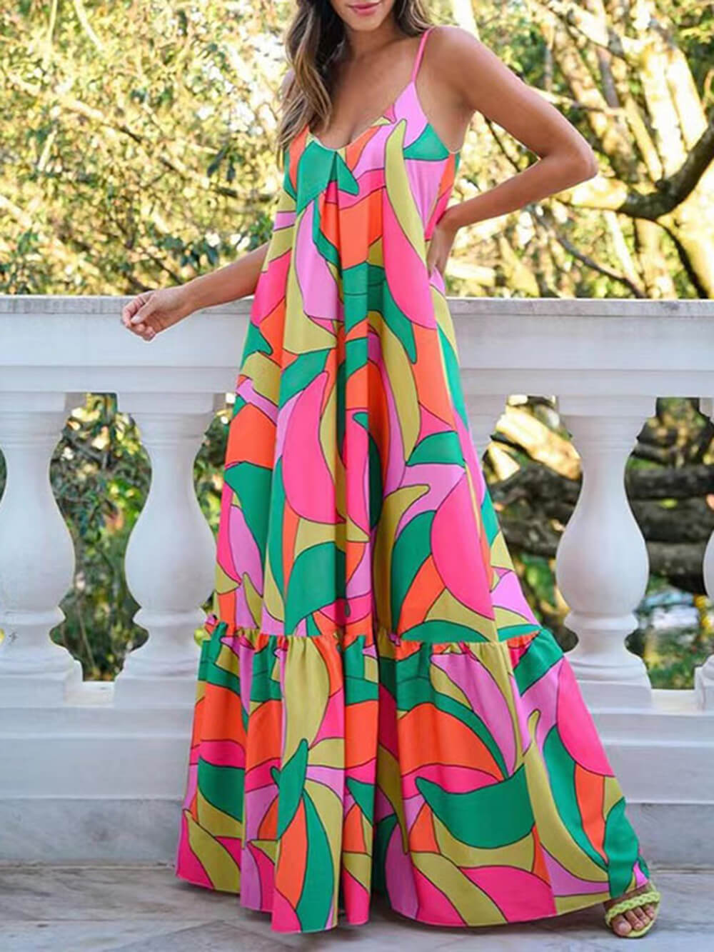 Printed Plunging-V Dress with an Open Back