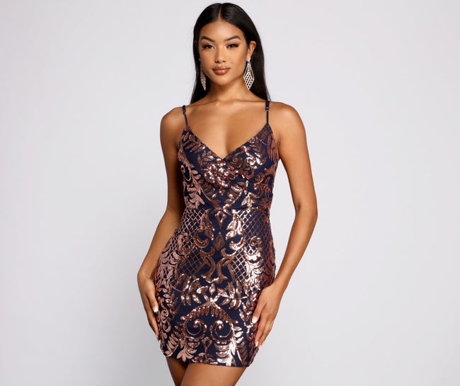 Stella Formal Sequin Scroll Print Mini Dress - Lady Occasions Main image