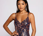 Printed Evening Mini Dress with Sequin Detail