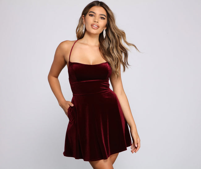 Amelia Lace-Up Back Velvet Skater Dress - Lady Occasions Main image