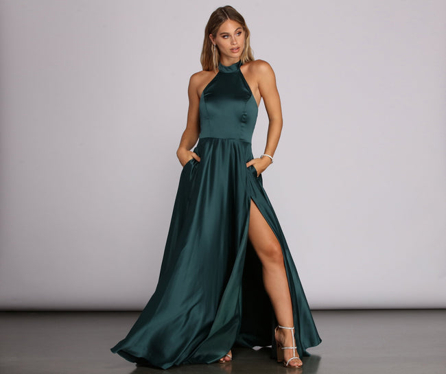 India Satin Tie Neck Gown - Lady Occasions Main image