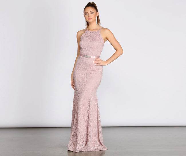 Rosella Lace Scallop Rhinestone Ribbon Belt Mermaid Dress - Lady Occasions Main image
