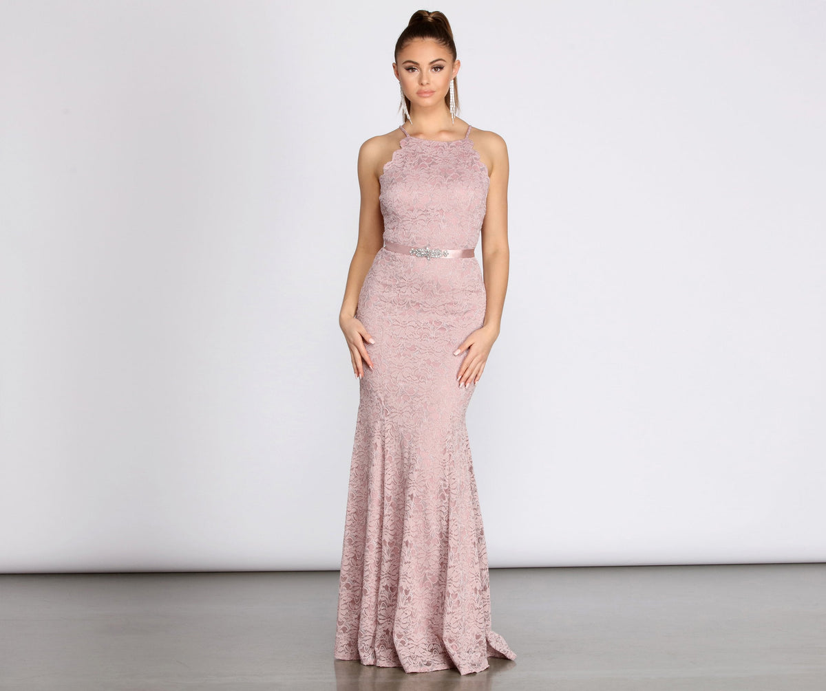 Rhinestone Mermaid Scallop-Edge Dress with Lace Details