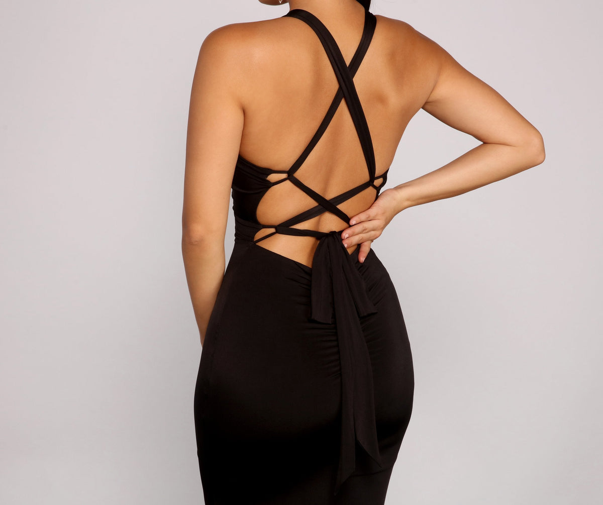 Halterneck Mermaid Dress with Lace-Up Details
