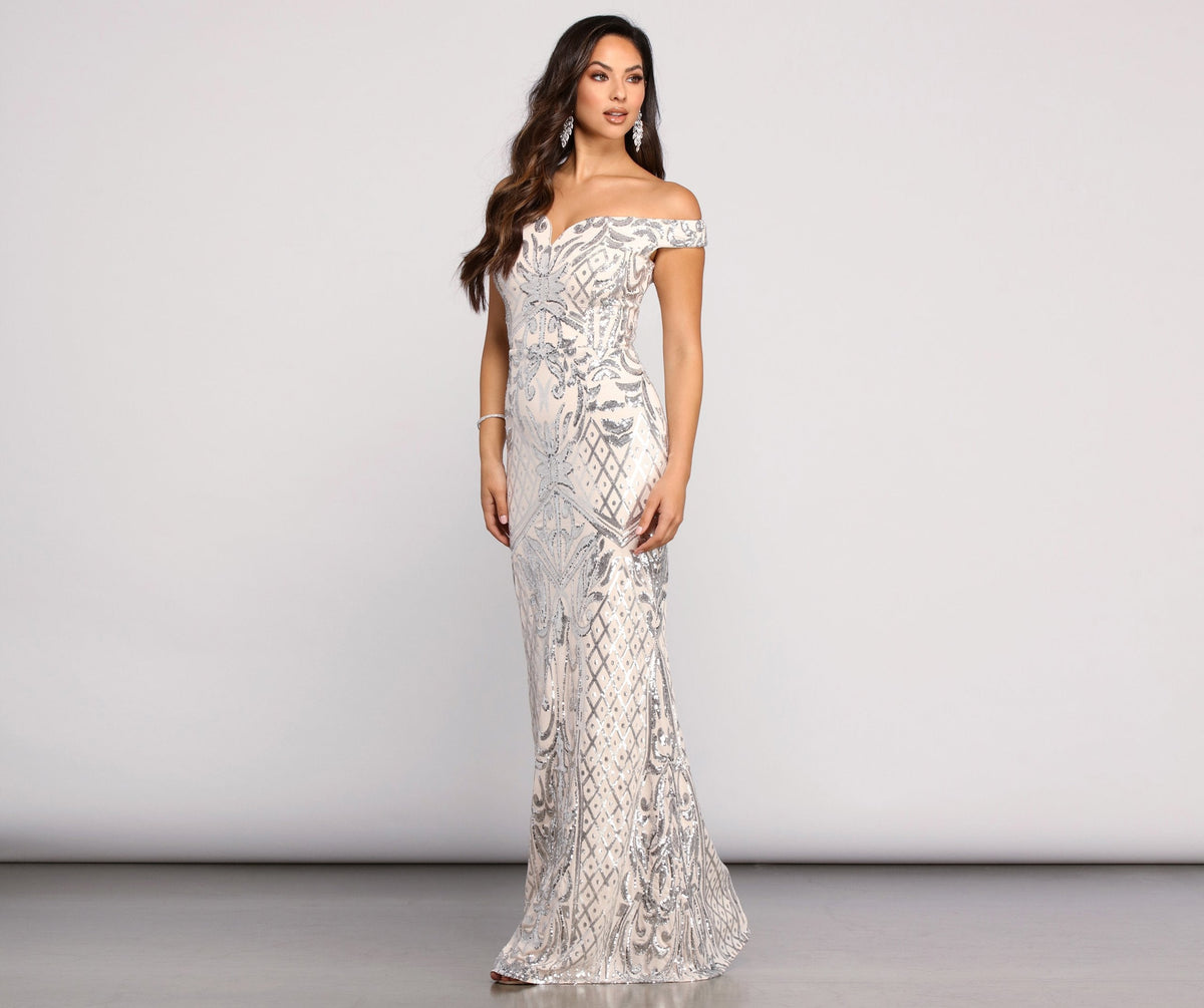 Sequined Evening Dress with an Off-Shoulder Neck