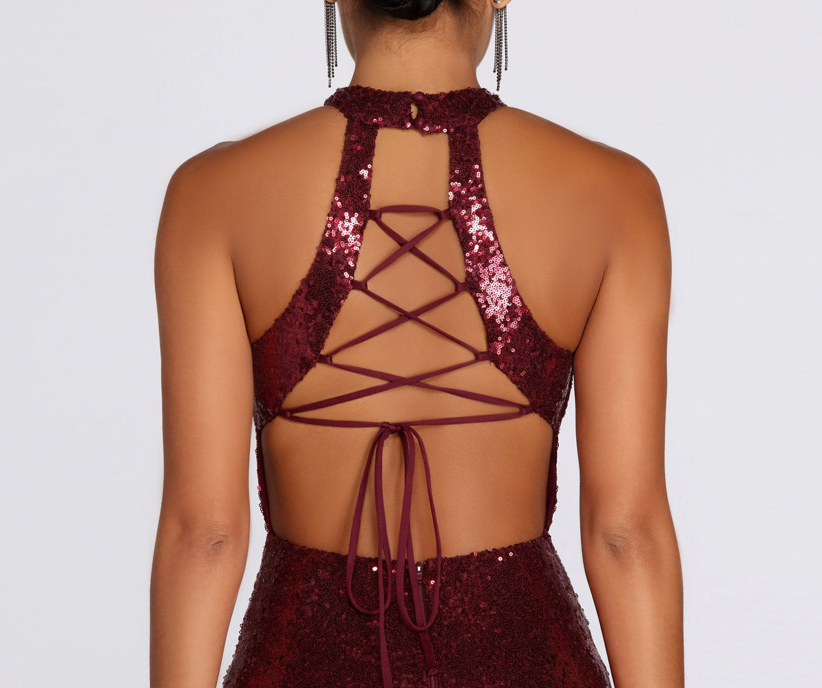 Sequined Slit-Detail Evening Dress