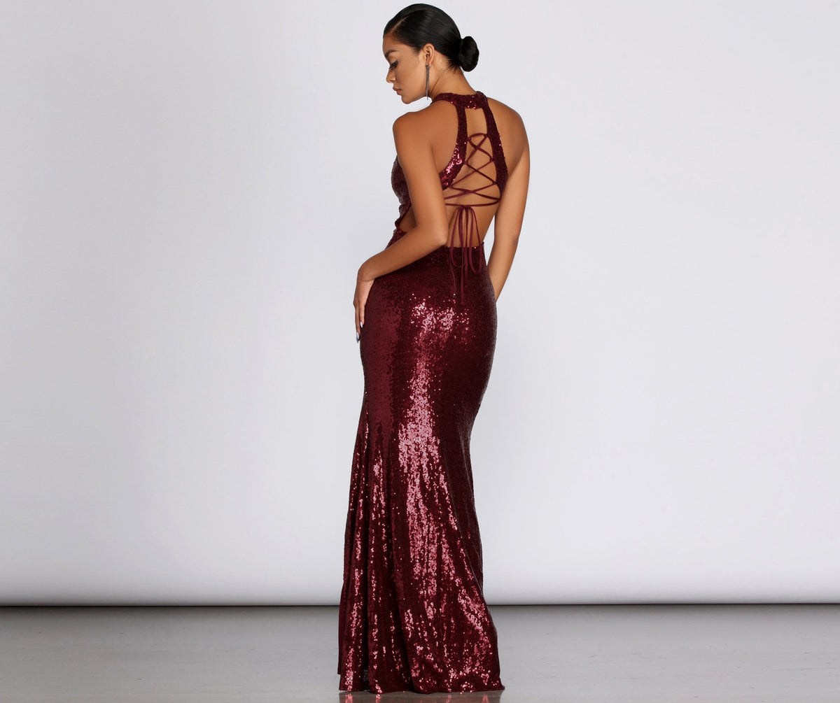 Sequined Slit-Detail Evening Dress
