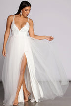 Tulle Spaghetti-Strap Dress with a Plunging V-Neck