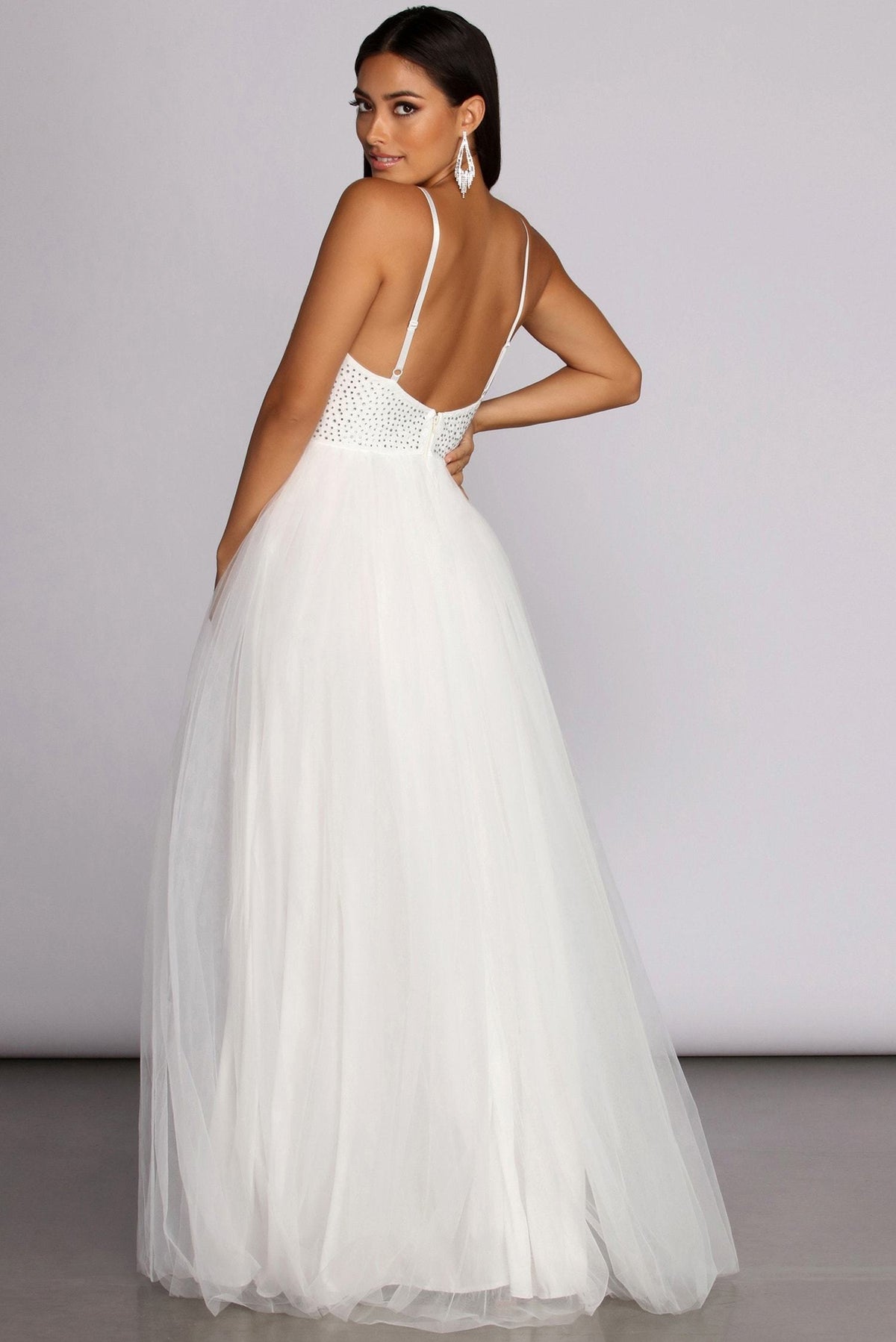 Tulle Spaghetti-Strap Dress with a Plunging V-Neck
