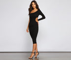 One-Shoulder Fitted Midi Dress with Cutout Details