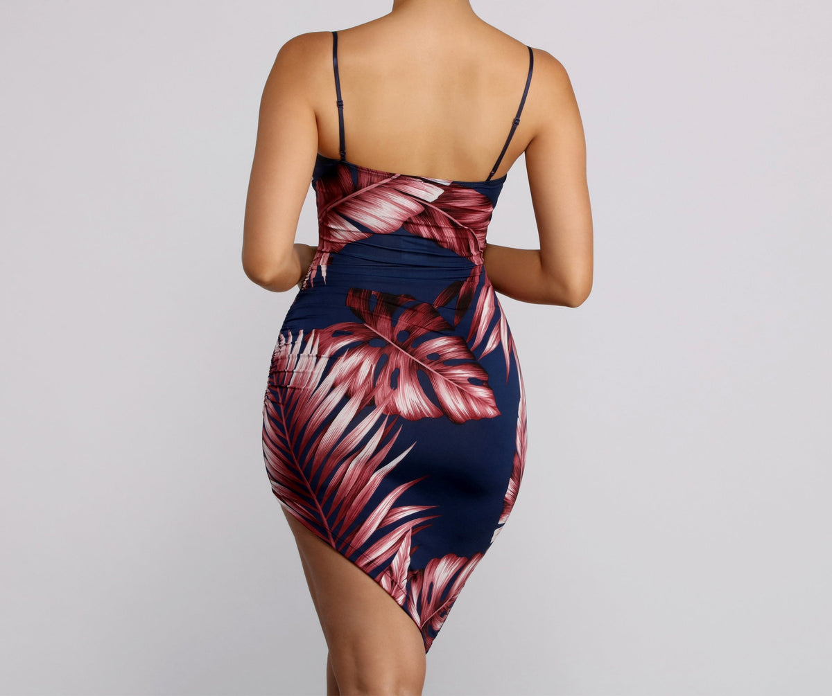 Tropical-Print Spaghetti-Strap Mini Dress with a V-Neck