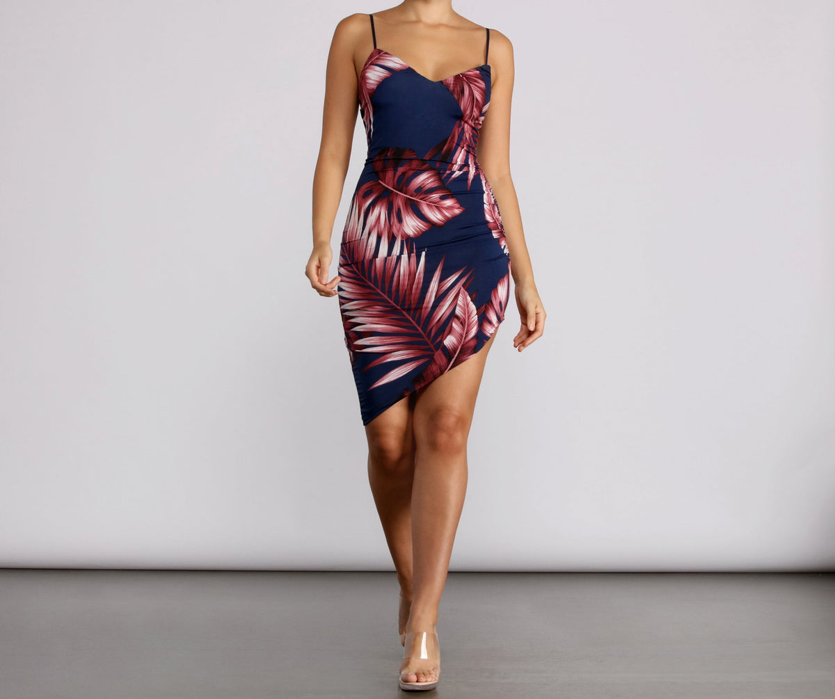 Tropical-Print Spaghetti-Strap Mini Dress with a V-Neck