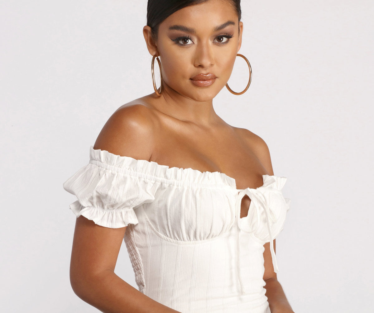 Off-Shoulder Smocked Mini Dress with Keyhole Detail