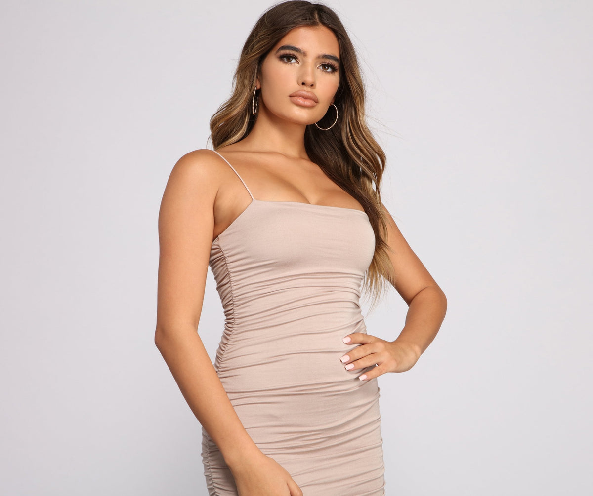 Square-Neck Spaghetti-Strap Mini Dress with Ruched Details