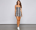 Sleeveless Square-Neck Checked Mini Dress