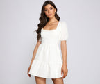 Square-Neck A-Line Puff-Sleeve Mini Dress