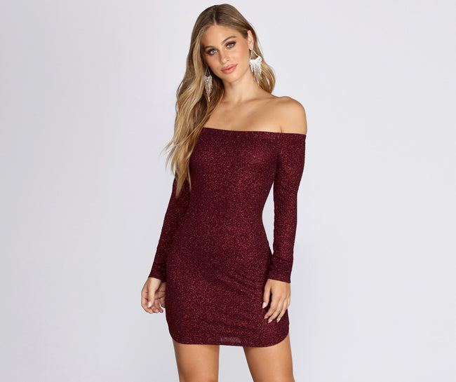 Off Shoulder Long Sleeve Glittering Mini Dress - Lady Occasions Main image
