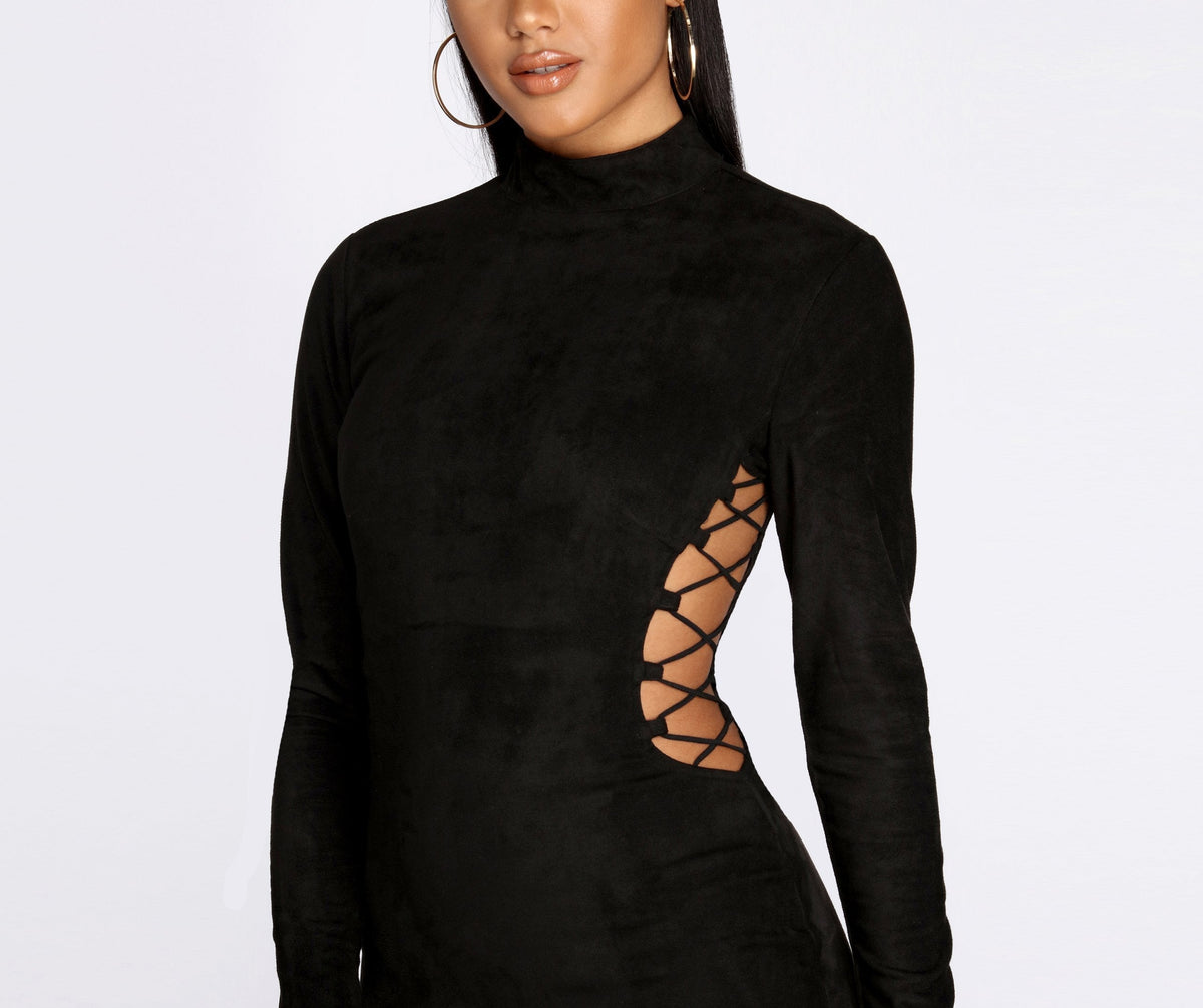 Suede Mini Dress with Lace-Up Details