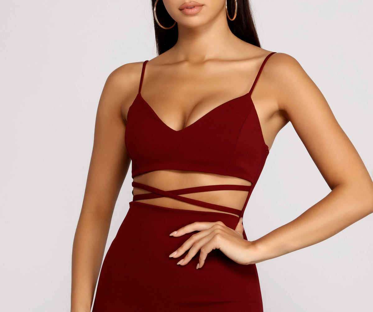 Plunging-V Spaghetti-Strap Cutout Mini Dress