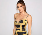 Chain-Detail Sleeveless Mini Dress with a Cowl Neck