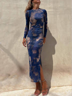 Tie-Dye Mesh Long-Sleeve Midi Dress with Ruched Details