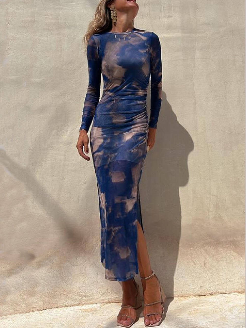 Tie-Dye Mesh Long-Sleeve Midi Dress with Ruched Details
