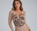 Bodycon Graphic Mini Dress with a V-Neck