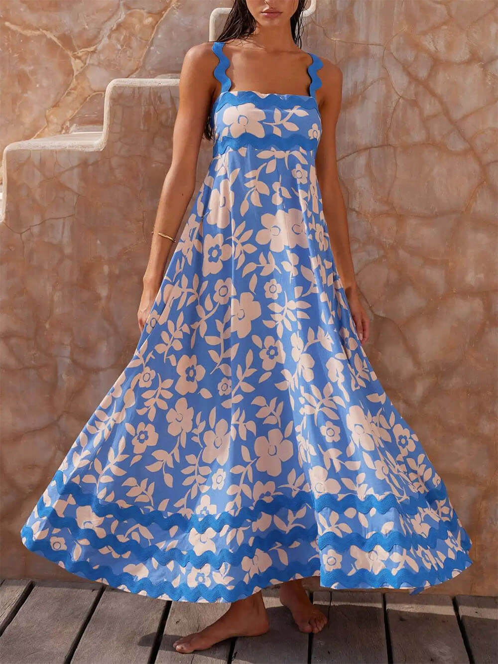 Printed Strappy Maxi Dress with a Square Neck