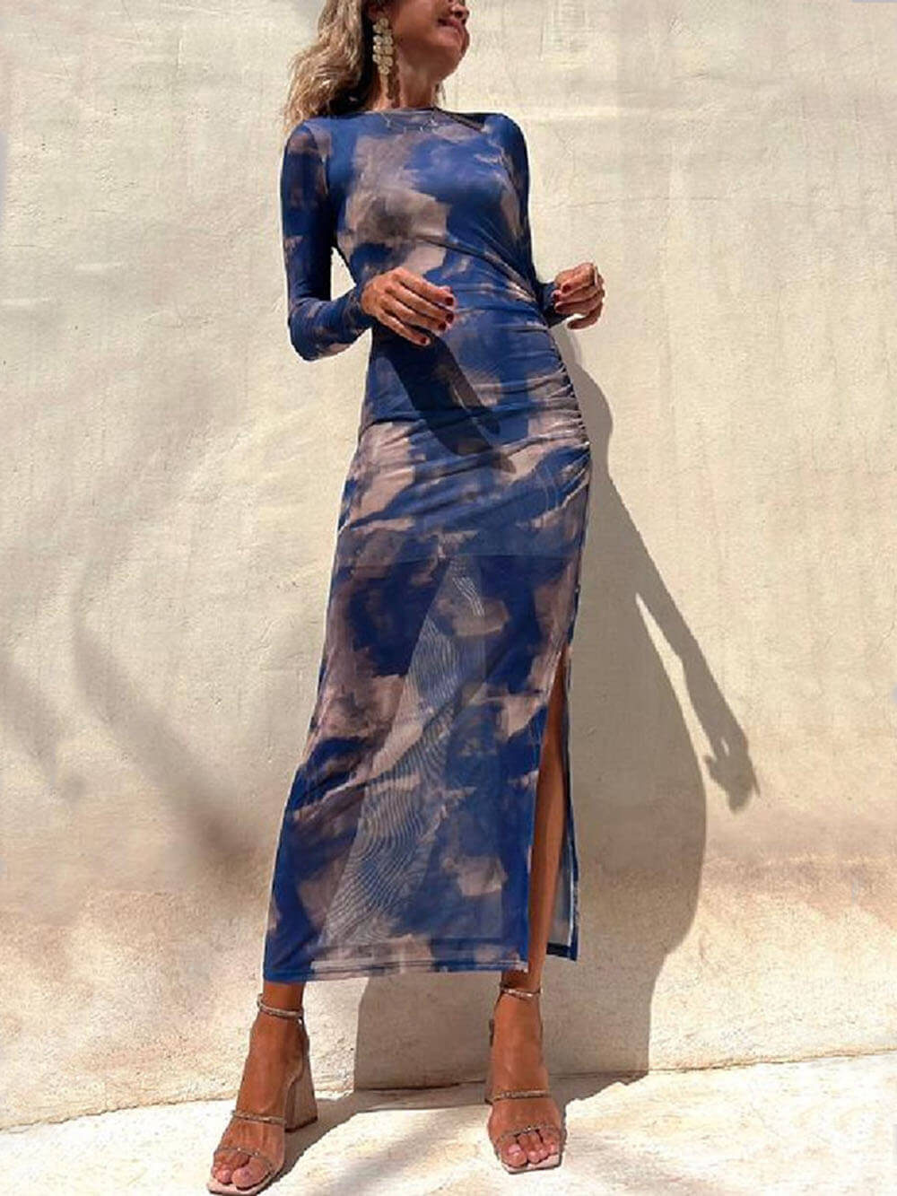 Tie-Dye Mesh Long-Sleeve Midi Dress with Ruched Details