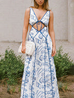 Printed Open-Back Maxi Dress with Cutout Details