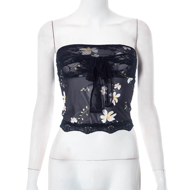 Floral Strapless Sheer Top with Lace Details