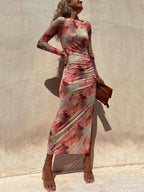 Tie-Dye Mesh Long-Sleeve Midi Dress with Ruched Details
