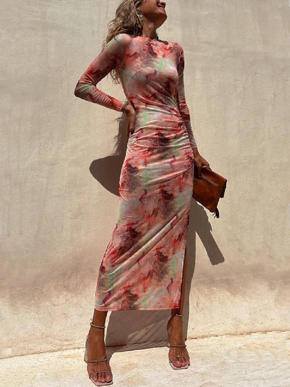 Tie-Dye Mesh Long-Sleeve Midi Dress with Ruched Details