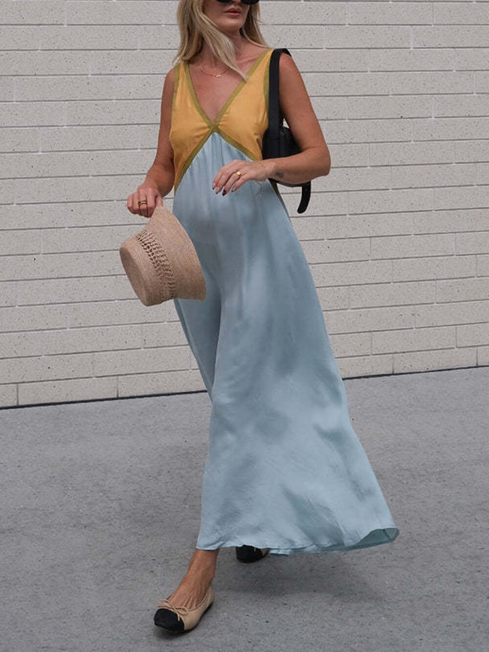 Contrast-Detail Dress with a V-Neck