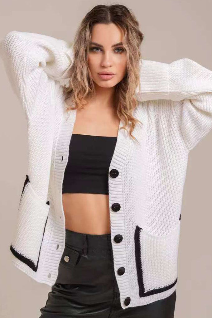V-Neck Knit Pocket-Detail Cardigan