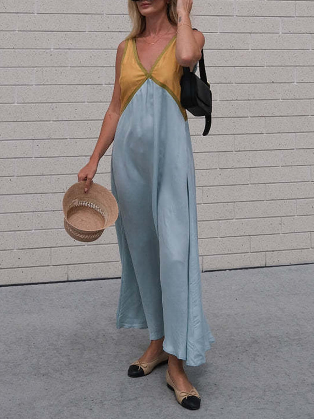 Contrast-Detail Dress with a V-Neck