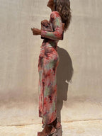Tie-Dye Mesh Long-Sleeve Midi Dress with Ruched Details