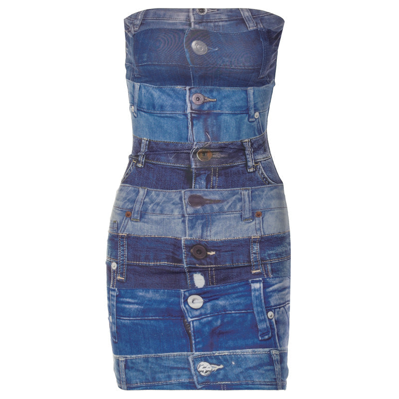 Denim Strappy Printed Dress