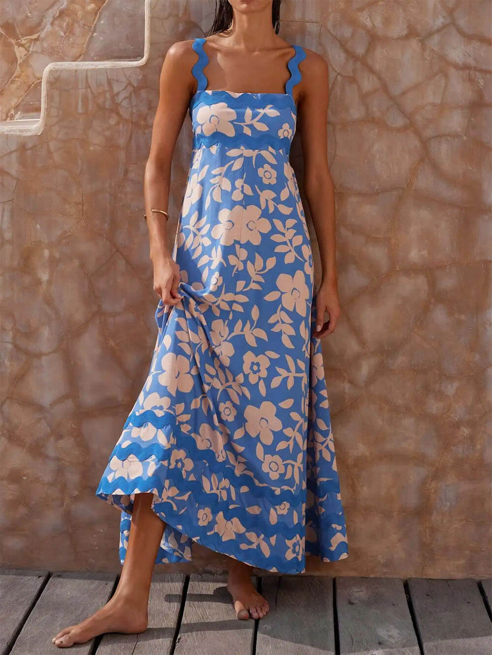 Printed Strappy Maxi Dress with a Square Neck